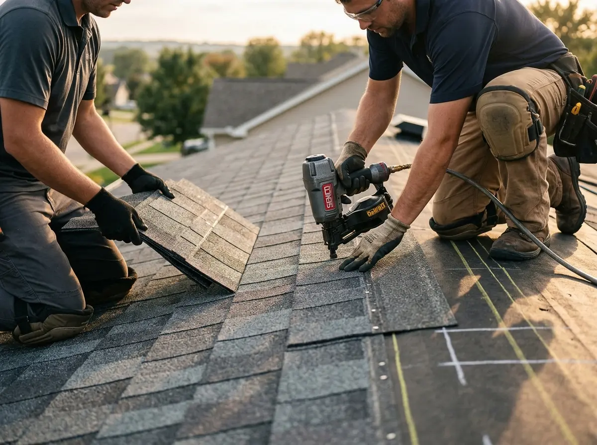Professional roofer working on a residential roof in Mountain View
